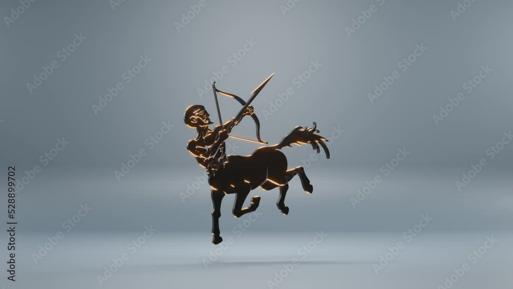 Poster Beautiful black zodiac sign Sagittarius with yellow light symbol icons on a blue background. 3d rendering illustration. Background pattern for design. Loop video.