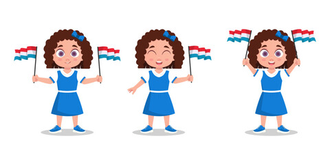 Set of cute baby with Luxembourg flag in hand. Girl with a flag. Vector illustration