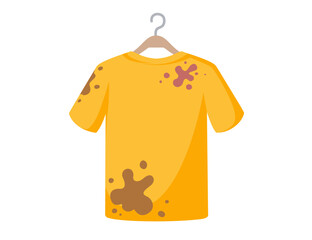 Dirty stain yellow t-shirts hanging on a hanger ready to washing vector illustration isolated on white background
