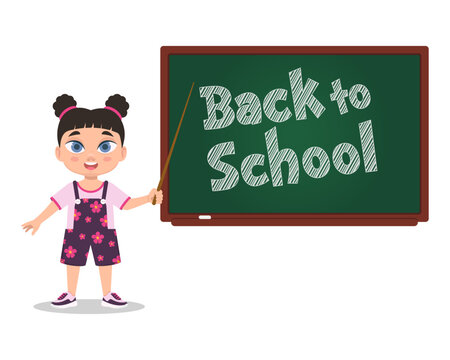 Cute girl at the blackboard with the inscription Back to school. Vector illustration