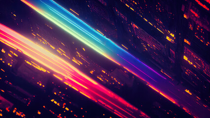 Obraz premium Futuristic cyberpunk city with blue and pink light trail. Concept sci fi downtown at night with skyscraper, highway and billboards. 3D illustration.