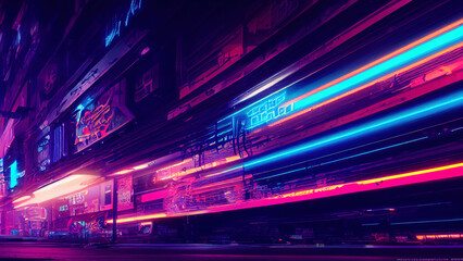 Fototapeta premium Futuristic cyberpunk city with blue and pink light trail. Concept sci fi downtown at night with skyscraper, highway and billboards. 3D illustration.
