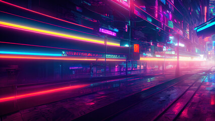 Fototapeta na wymiar Futuristic cyberpunk city with blue and pink light trail. Concept sci fi downtown at night with skyscraper, highway and billboards. 3D illustration.