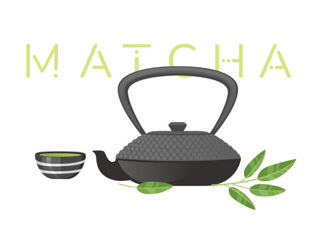 Traditional tools for tea ceremony matcha tea vector illustration on white background