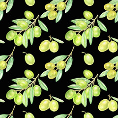 Seamless watercolor olive pattern on black background.Good for fabrics,textile.