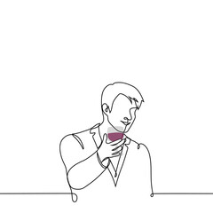 man in a jacket smilingly holds out a glass of wine to the viewer - one line drawing vector. concept wine lover, male seducer