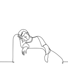 man tired or apathetic lying down in a chair - one line drawing vector. concept depression, fatigue
