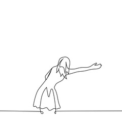 woman hailing a taxi with outstretched hand - one line drawing vector. concept of catching a taxi on the street