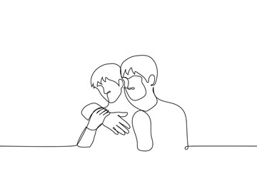man hugging another man from behind - one line drawing vector, concept homosexual couple hugging, male lovers reconcile