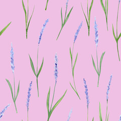 Fototapeta na wymiar Watercolor hand drawn beautiful seamless pattern with lavender flowers