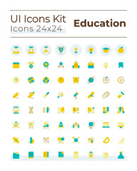 Distance learning platform flat color ui icons set. Educational software for students. Online school. GUI, UX design for mobile app. Vector isolated RGB pictograms. Montserrat Bold, Light fonts used
