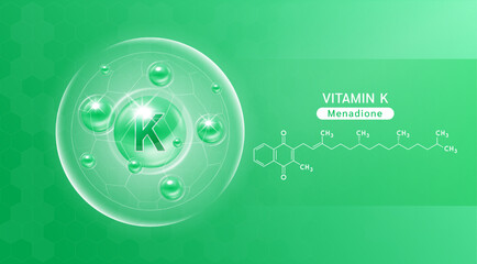 Vitamin K green and structure. Vitamin solution complex with Chemical formula from nature. Skincare beauty. Medical and scientific concepts. Banner 3D vector EPS10.