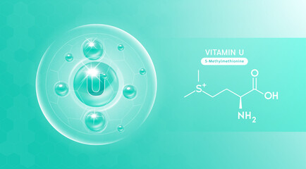 Vitamin U green and structure. Vitamin solution complex with Chemical formula from nature. Skincare beauty. Medical and scientific concepts. Banner 3D vector EPS10.
