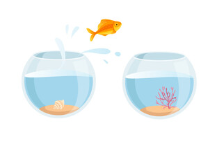 Golden fish jump from fishbowl to another fishbowl vector illustration on white background