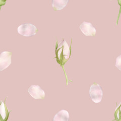 Fototapeta na wymiar Hand drawn watercolor seamless pattern with pink rose flowers.