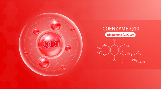 Vitamin coenzyme Q10 red and structure. Vitamin solution complex with Chemical formula from nature. Skincare beauty. Medical and scientific concepts. Banner 3D vector EPS10.
