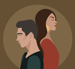 Silhouette of a couple. Man and woman back to back