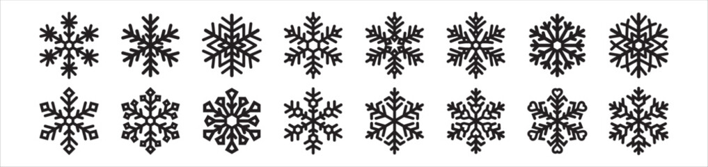 Snowflake icon set. Snowflakes vector christmas icons collection. Distinctive hexagonal snow flake winter season graphic design pattern template. Simple illustration. Black on white color.