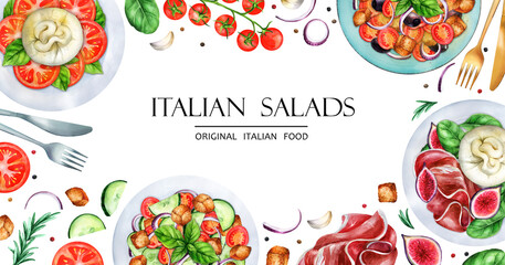 Banner Italian cuisine. Set of italian salads watercolor