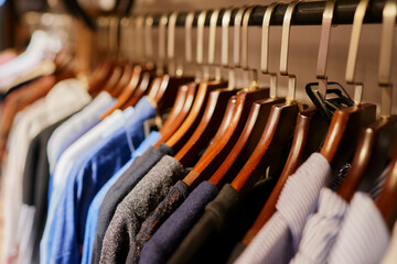 Obraz premium Clothes hang on a hanger. Sale in shop.