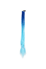 Close-up shot of an elastic hair band with afro braids of blue and light blue ombre color. The braided ponytail is isolated on a white background. Side view.