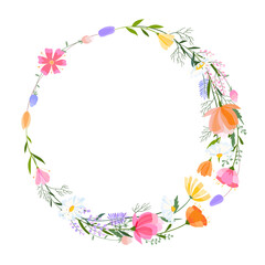 Vector floral wreath illustration. Set of leaves, wildflowers, twigs, floral arrangements. Beautiful compositions of field grass and bright spring flowers.