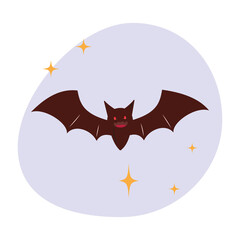 Flat design illustration of the cute flying bat, isolated on purple white background. 