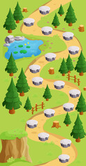 Obraz na płótnie Canvas Game map forest gui background, template in cartoon style, casual isometric view. Decorated with stones, trees, pond. 