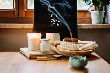 Self-care, Wellness concept. Letter board text Self Care Time, aroma sticks, body and self-care...