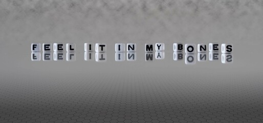 feel it in my bones word or concept represented by black and white letter cubes on a grey horizon...