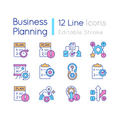 Business planning RGB color icons set. Developing strategy for corporate growth. Isolated vector illustrations. Simple filled line drawings collection. Editable stroke. Quicksand Light font used