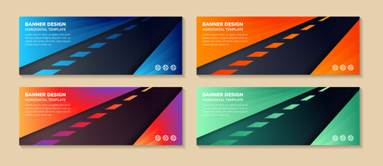 abstract modern four different banner backgrounds or templates design with copyspace and diagonal colour graded geometric patterns, colored gradient vector illustration. dot circle halftone pattern.