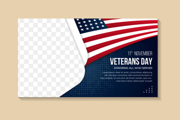 Veterans day banner design template. Honoring all who served. November 11. transparency halftone dot pattern in dark blue gradient color. Horizontal layout with space for photo and text. american flag
