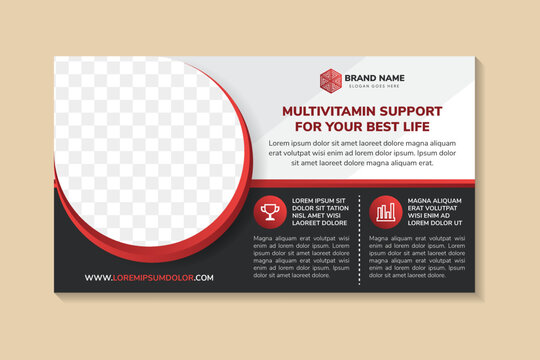 banner template design with headline is multivitamin support for your best life. space of photo collage. Advertising flyer in horizontal layout. multicolor grey background with red and black element.