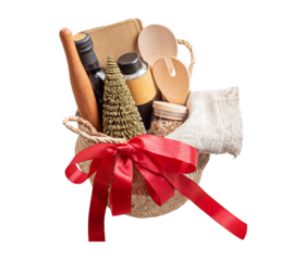 Refined Christmas gift basket for culinary enthusiats with bottle of oil, vinegar and kitchen utensils