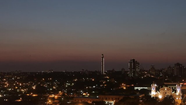 Sunrise at Asunción downtown, near the Cathedral. Timelapse from a rooftop