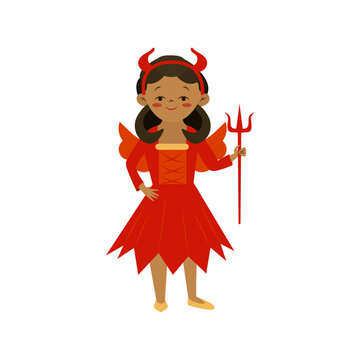 Vector cartoon halloween devil black girl in funny costume. Flat female demon kid in red costume with horns and trident for trick or treat