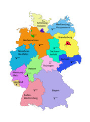 Politic map of Germany. Vector illustration with each State separate layer. Colorful parts with black abroad and text on German language.