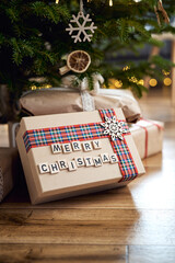 Detail of Christmas gift lying under Christmas tree