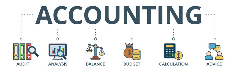 Accounting banner web icon vector illustration concept for business and finance with an icon of the audit, analysis, balance, budget, calculation, and advice