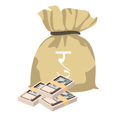 Nepalese Rupee Vector Illustration. Nepal money set bundle banknotes. Money bag  500 NPR. Flat style. Isolated on white background. Simple minimal design.