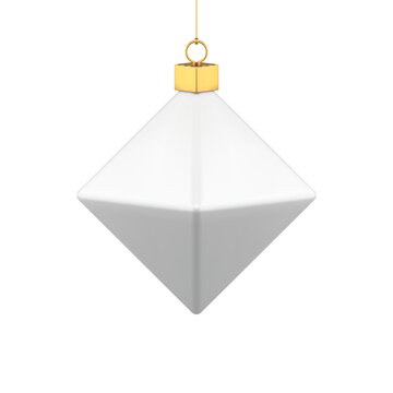 Classic elegant tenderness white rhombus polygonal Christmas toy hanging on golden metallic rope