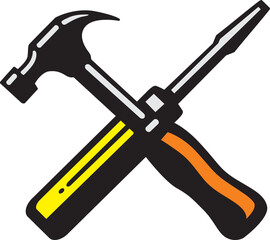 screwdriver and hammer icon in doodle style on white paper background vector,vector illustration
