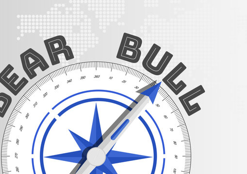 Bull stock market concept with compass pointing towards text. Moving from a Bear market to a booming Bull market.