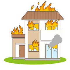 家　火事　住宅　一軒家　イラスト © やまぐちみつき