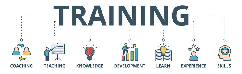 Training banner web icon vector illustration concept for education with icon of coaching, teaching, knowledge, development, learning, experience, and skills