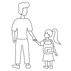 Dad leads his daughter to school by the hand. Sketch. Girl and man view from the back. Parent and schoolgirl with a backpack for textbooks hold hands. Vector illustration. Doodle style. Coloring book 