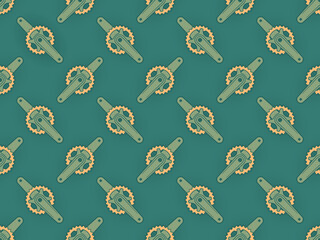 Vector seamless texture with bicycle crank symbols. Green background.