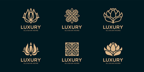 Luxury line art beauty flower rose and leaves logo collection