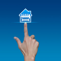 Hand pressing hammer and wrench with house flat icon over light blue background, Business home service concept